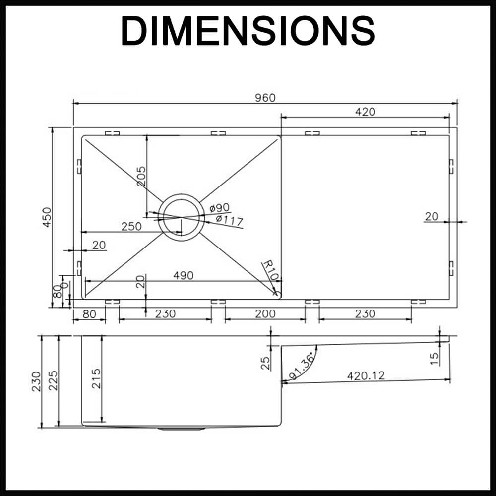 aguzzo stainless steel sink with drainer dimensions 960mm