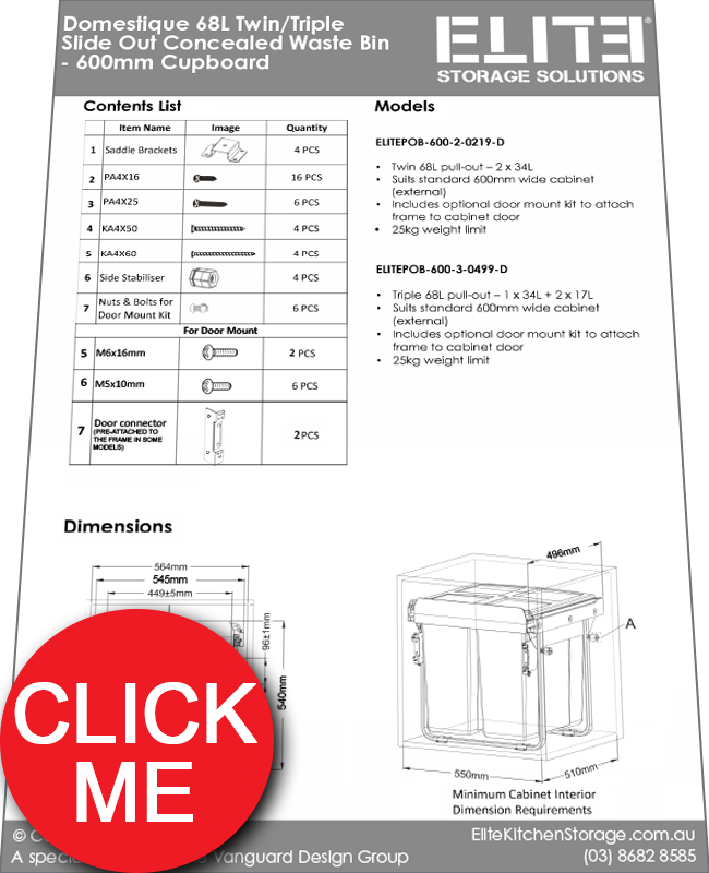 Instructions Manual for ELITE Domestique 68L Twin Slide Out Concealed Waste Bin 600mm Cupboard